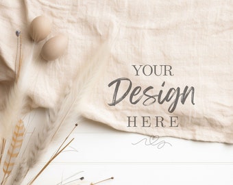 Easter Flat Lay Mockup: Bunny Egg Cross, Stock Photo, Add Your Product. Neutral Boho Flat Lay Background Mockup in JPG File.