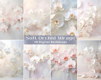 10 Elegant Neutral Orchid Floral Digital Backdrops, Maternity and Wedding Overlays, Fine Art Studio Backgrounds, Painted Flowers Photography