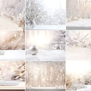 May include: A set of nine digital backgrounds featuring a winter wonderland theme with white and silver accents. The backgrounds include a snowy forest, a white table with a vase of white flowers, and a white table with a silver ornament.