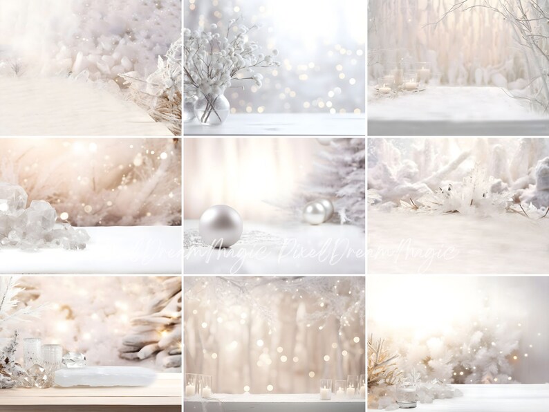 May include: A set of nine digital backgrounds featuring a winter wonderland theme with white and silver accents. The backgrounds include a snowy forest, a white table with a vase of white flowers, and a white table with a silver ornament.