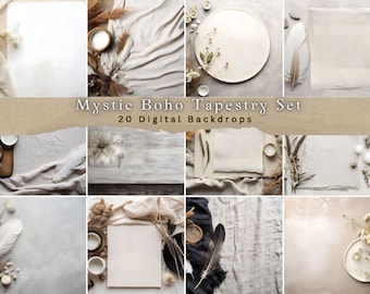 Bohemian Flatlay Mockup Bundle: 20 Blank Backdrops, Flat lay Table Mockup Bundle, Digital Overlays for Custom Product Display, JPEG Files