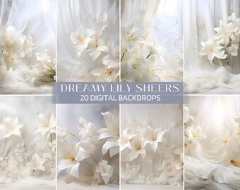 20 White Lilies Digital Backdrops, Maternity and Wedding Floral Overlays, Studio Backdrops, Sheer Flowers Photography, Neutral Backgrounds