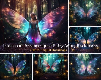 Iridescent Dreamscapes: Fairy Wing Backdrops, Rainbow Wings  Digital Background, Enchanted Forest images, PS Overlay composite photography