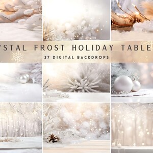 May include: A collection of 37 digital backdrops featuring a winter wonderland theme. The backdrops are perfect for creating festive holiday photos with a snowy, icy, and sparkly aesthetic.  The backdrops feature a variety of elements, including white branches, snow, and sparkling lights.