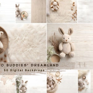 May include: A collection of 50 digital backdrops featuring a variety of textures and colors, including a white wood background, a fluffy white rug, and a brown woven rug. The backdrops are perfect for newborn photography and feature cute stuffed animals, including a bunny and a bear.