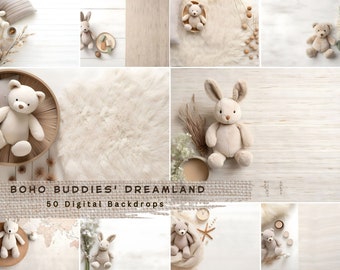 Boho Baby Flat Lay Mockup Collection: 50 Blank Backdrops, Digital Styled Photos, Backgrounds for Children&#39;s Product Display, JPEG Files