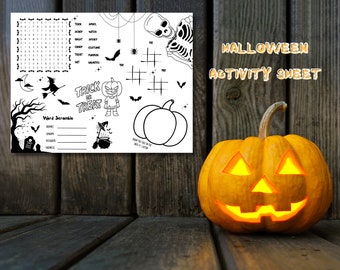 May include: A black and white printable Halloween activity sheet with a word search, word scramble, connect the dots, and a trick or treat themed coloring page. The sheet is next to a lit jack-o'-lantern pumpkin.