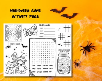 May include: A black and white printable Halloween activity page with a maze, word search, word scramble, and a count the candy jar game. The page features a witch, a cat, a spider, and bats.