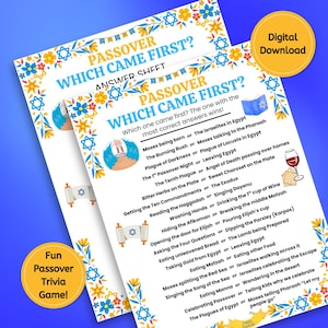 May include: Two sheets of paper with the text "Passover Which Came First?" and a list of Passover-related events. The sheets are decorated with blue and yellow floral and Star of David designs. A yellow circle says "Digital Download".