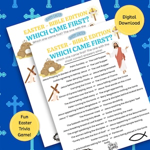 May include: Two white sheets of paper with Easter trivia questions and illustrations, including a tomb and a cross, against a blue background with cross patterns. The text reads "Easter - Bible Edition: Which came first?" and "Fun Easter Trivia Game!"