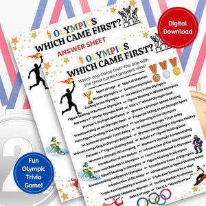 Könnte beinhalten: Zwei bedruckte Blätter mit dem Titel "Olympics Which Came First?" mit einem Antwortbogen. Die Blätter zeigen olympische Grafiken, darunter Silhouetten von Athleten, Medaillen und die olympischen Ringe. Ein roter Kreis mit "Digitaler Download" befindet sich oben rechts.