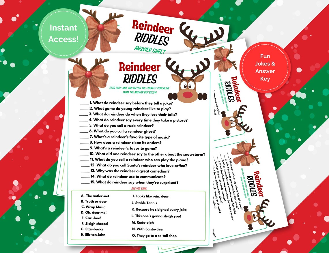 Quick Riddles December Reindeer Riddles Game, Classroom Holiday Game, December Birthday Party ...