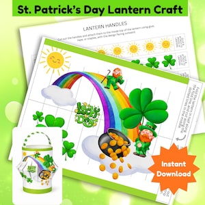 Puede incluir: Una manualidad de linterna del Día de San Patricio con instrucciones y una linterna de muestra. El diseño incluye un arcoíris, duendes, tréboles y una olla de oro. También se ven las palabras "Lucky Day" e "Instant Download".