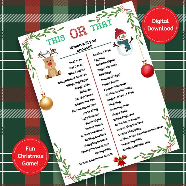 This or That Printable Christmas Game, Family Holiday Activity, December Birthday Party Game, Holiday Office Coworker or Senior Center Game,