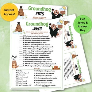 Peut inclure: Feuilles de réponses aux blagues de marmottes avec un design amusant et de dessin animé. Les feuilles présentent une liste de blagues et un corrigé, avec des illustrations de marmottes. Les mots "Accès instantané !" et "Blagues amusantes et clé de réponse" sont également visibles.