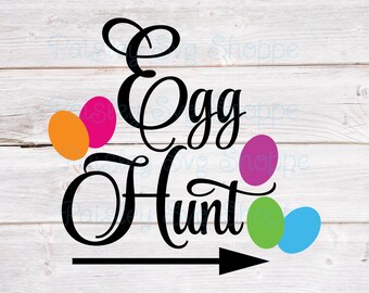 May include: Black and white graphic of the text "Egg Hunt" with an arrow pointing to the right. There are five colorful eggs scattered around the text.