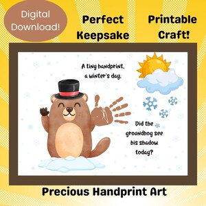 Peut inclure: Téléchargement numérique avec un dessin d'une marmotte brune portant un chapeau haut de forme, avec une empreinte de main et des illustrations sur le thème de l'hiver. Le texte comprend "Une petite empreinte de main, un jour d'hiver" et "La marmotte a-t-elle vu son ombre aujourd'hui ?".