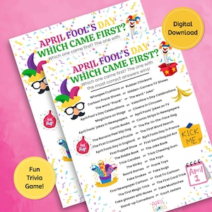 以下が含まれることがあります： 「エイプリルフール」のトリビアクイズが書かれた2枚の紙。紙には漫画のグラフィックと「デジタルダウンロード」と「楽しいトリビアゲーム！」と書かれたステッカーが付いています。4月1日の楽しいゲームです。