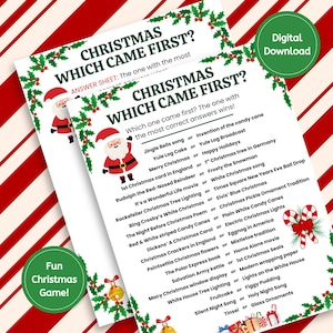 以下が含まれることがあります： 「Christmas Which Came First?」というタイトルの2つの印刷可能なクリスマスゲームシートには、サンタクロースのグラフィックと、お祝いのヒイラギとベリーのボーダーが描かれています。シートには、クリスマスをテーマにした質問と回答のリストが含まれています。「デジタルダウンロード」と「楽しいクリスマスゲーム！」のグラフィックも表示されています。
