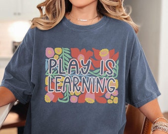 Retro bloemenshirt spelen is leren, shirt voor leraar kleuterschool, schattig SLP-shirt, comfortkleuren speelshirt, speels leren, cadeau voor leraren