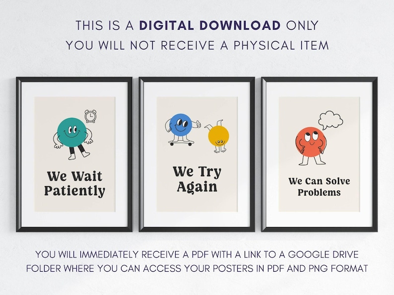 May include: Set of three framed art prints with cartoon characters and motivational phrases. The prints feature a teal, blue, and orange character with the phrases "We Wait Patiently", "We Try Again", and "We Can Solve Problems".