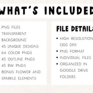 May include: Image with the text "WHAT'S INCLUDED" and "FILE DETAILS:". The included items are PNG files, transparent background, 45 unique designs, 64 colour PNGs, 45 outline PNGs, 45 BW PNGs, and bonus flower and sparkle elements.