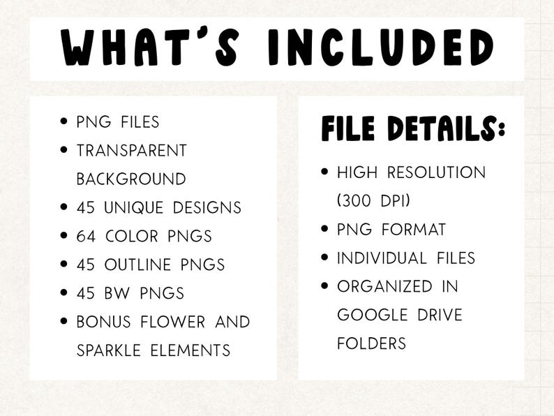 May include: Image with the text "WHAT'S INCLUDED" and "FILE DETAILS:". The included items are PNG files, transparent background, 45 unique designs, 64 colour PNGs, 45 outline PNGs, 45 BW PNGs, and bonus flower and sparkle elements.