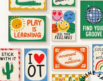 OT and PT Printable Posters, Occupational and Physical Therapy Poster Set, School Classroom Decorations, Colorful Therapist Wall Art Decor