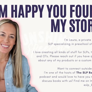 May include: Image features a smiling woman with blonde hair in a denim shirt. Text overlay reads "I'M HAPPY YOU FOUND MY STORE!" and includes information about the store owner, a speech-language pathologist.