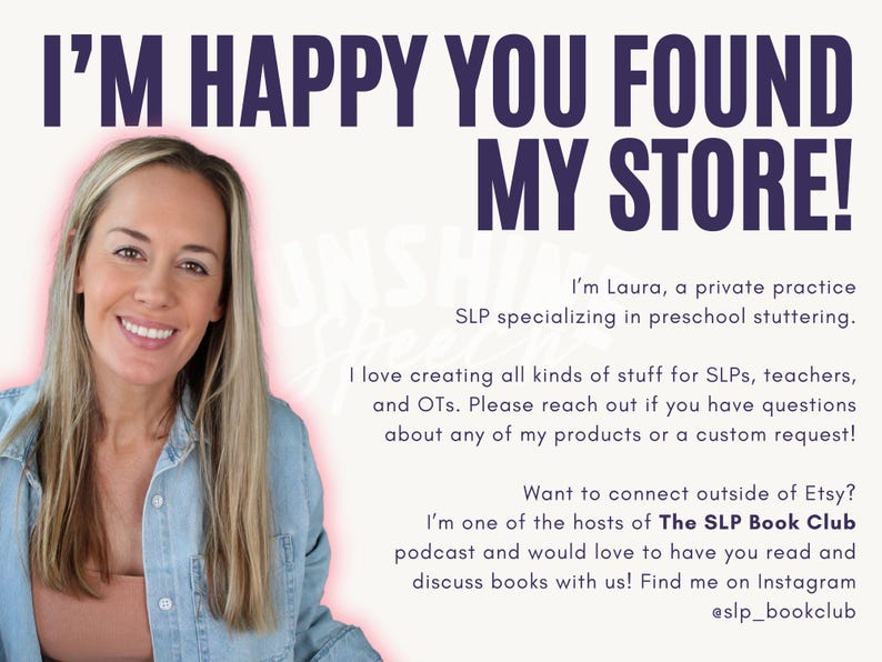 May include: Image features a smiling woman with blonde hair in a denim shirt. Text overlay reads "I'M HAPPY YOU FOUND MY STORE!" and includes information about the store owner, a speech-language pathologist.