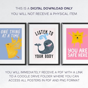 May include: Three framed art prints with motivational quotes and cute illustrations. The prints show a yellow bird, a blue whale, and a yellow star on colourful backgrounds. Text includes "One Thing At A Time", "Listen To Your Body", and "You Are Safe Here".
