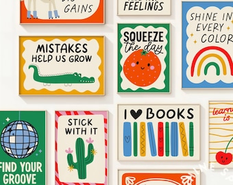 Heller Lehrer-Poster-Set, Zurück in der Schule Klassenzimmerdekoration, Wachstumsmentalität und Positivitätsdekor für Lehrer, Set mit 22 digitalen Postern
