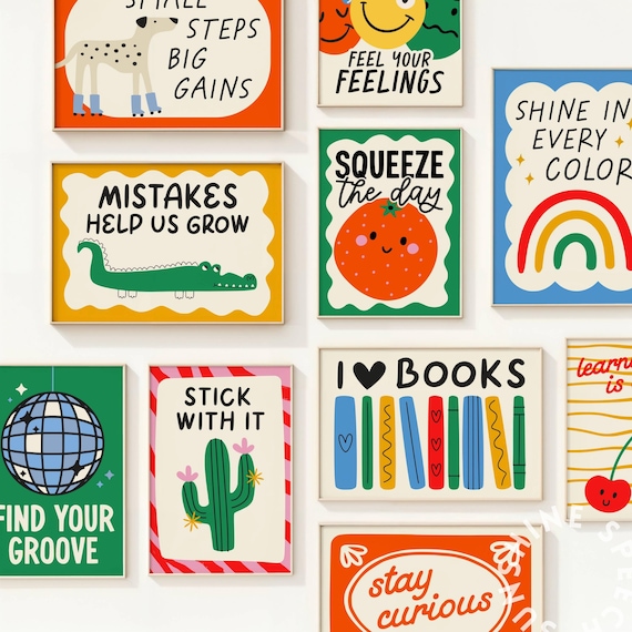 Bright Teacher Poster Set, Back to School Classroom Decorations, Growth Mindset and Positivity Decor for Teachers, Set of 22 Digital Posters