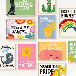 Puede incluir: Una colección de impresiones artísticas enmarcadas con mensajes positivos. Las impresiones presentan ilustraciones coloridas de un pájaro, una ballena, una estrella, un cactus y un cerebro. El texto incluye "Diversity is Beautiful", "Every Voice Matters".