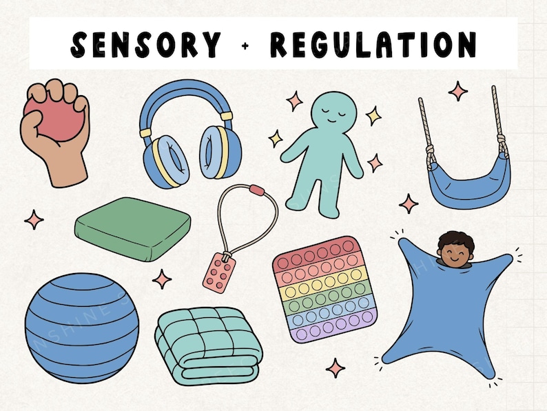 May include: An illustration with the text "SENSORY + REGULATION" shows a collection of items. These include a stress ball, headphones, a blue figure, a swing, a green cushion, a necklace, a pop-it toy, a weighted blanket, a blue exercise ball, and a body sock.
