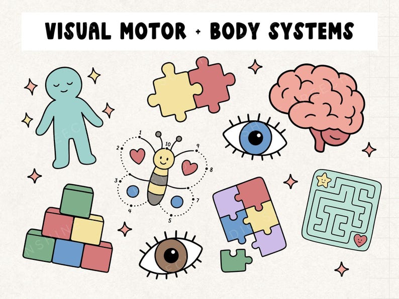 May include: A set of colourful illustrations relating to visual motor and body systems. Includes a light blue figure, puzzle pieces, a brain, eyes, a butterfly, building blocks, and a maze. The text "VISUAL MOTOR + BODY SYSTEMS" is at the top.