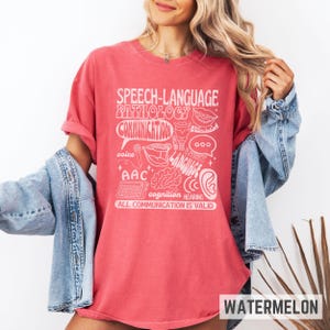 Oversized comfort colors retro-inspired shirt for speech therapist or SLPA with speech therapy scope of practice images on it and the words "All communication is valid." Gift for SLPs.