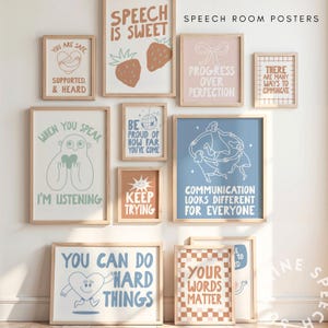 May include: A selection of framed art prints with motivational quotes and illustrations. The prints display phrases such as "Speech is Sweet," "You Can Do Hard Things," and "Your Words Matter." The colour scheme includes soft blues, oranges, and pinks.