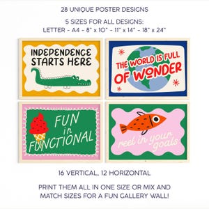 Pu&ograve; includere: Quattro stampe artistiche incorniciate con disegni colorati e testo. Le stampe includono frasi come "Independence Starts Here" e "The World is Full of Wonder". Disponibili in varie dimensioni, tra cui 20x25 cm e 28x35 cm.