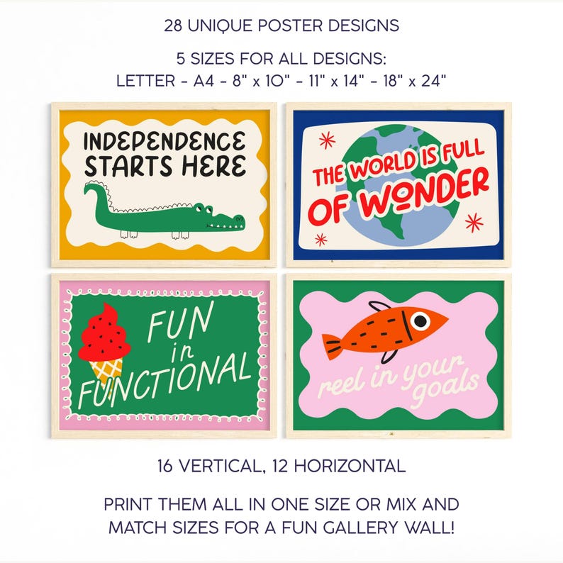 Pu&ograve; includere: Quattro stampe artistiche incorniciate con disegni colorati e testo. Le stampe includono frasi come "Independence Starts Here" e "The World is Full of Wonder". Disponibili in varie dimensioni, tra cui 20x25 cm e 28x35 cm.