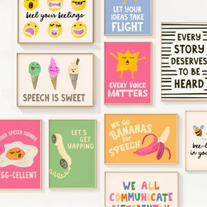 Conjunto de pôsteres de terapia da fala para impressão, 30 designs exclusivos, arte de parede divertida e colorida para fonoaudiólogos, decoração de sala de clínica fonoaudiológica, pôsteres de comunicação