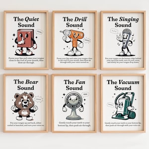 Pósteres retro de logopedia, pósteres con señales sonoras para clínica, arte mural para logopedas, decoración imprimible para terapeutas de articulación, regalos para logopedas