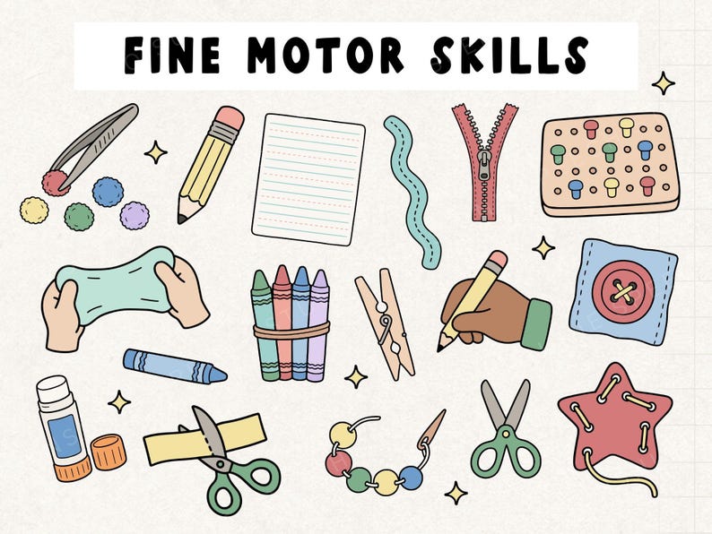 May include: Illustration of fine motor skills activities, including a pencil, crayons, scissors, a zipper, a button, and other tools. The text "FINE MOTOR SKILLS" is at the top of the image.