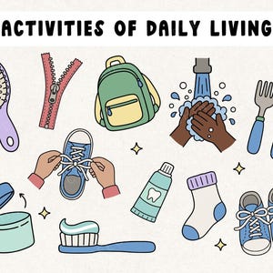 May include: An illustrated guide to daily activities, featuring a hairbrush, a zip, a backpack, washing hands, cutlery, tying shoelaces, a jar, toothpaste, a sock, and shoes. The text "ACTIVITIES OF DAILY LIVING" is at the top.
