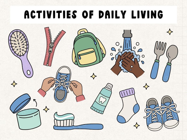 May include: An illustrated guide to daily activities, featuring a hairbrush, a zip, a backpack, washing hands, cutlery, tying shoelaces, a jar, toothpaste, a sock, and shoes. The text "ACTIVITIES OF DAILY LIVING" is at the top.