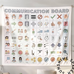 AAC Core Board Tapestry, Calming Muted Color Communication Poster, Speech Therapy Wall Decor Autism Classroom Decorations Special Ed Teacher