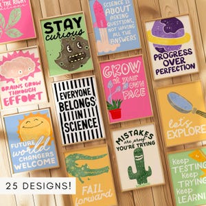 May include: A collection of 25 framed art prints with inspirational quotes and whimsical illustrations. The prints feature various colors and designs, including a sun, a cactus, and a rocket ship, with phrases like "Stay Curious" and "Fail Forward".