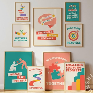 Op de afbeelding: Een verzameling ingelijste posters met motiverende boodschappen. De posters bevatten kleurrijke illustraties en tekst zoals "Planning Helps Us Succeed", "Brains Can Learn New Ways" en "Small Steps Lead to Big Progress".
