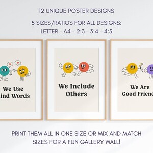 May include: Three framed posters with cartoon characters and text. The posters read "We Use Kind Words", "We Include Others", and "We Are Good Friends". The posters are in a light beige color with a wooden frame. The text at the top says "12 Unique Poster Designs".
