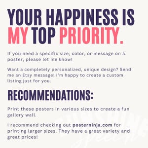Pu&ograve; includere: Un poster con il testo "YOUR HAPPINESS IS MY TOP PRIORITY" in un design audace a due colori. Il poster include anche consigli per la stampa e opzioni di personalizzazione.